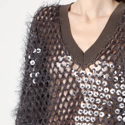 Brunello Cucinelli Chocolate Mesh Top With Sequins In Brown