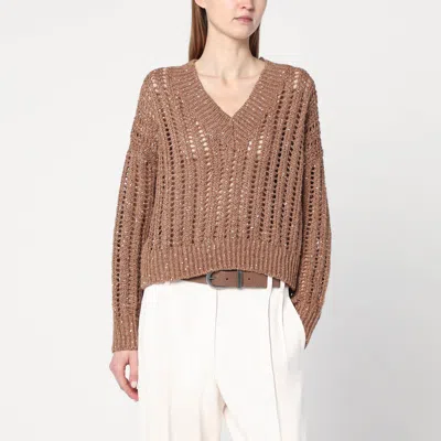Brunello Cucinelli Dazzling Silk And Linen Openwork Rib Sweater In Beige