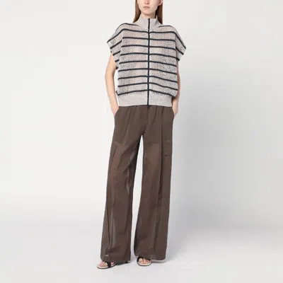 Brunello Cucinelli Beige Cardigan With High Neck And All-over Striped Motif In Beige