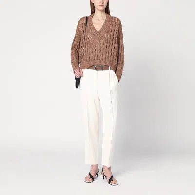 Brunello Cucinelli Dazzling Silk And Linen Openwork Rib Sweater In Beige