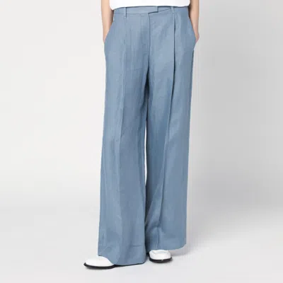Brunello Cucinelli Wide Avio-colored Trousers In Linen Blend In Light Blue