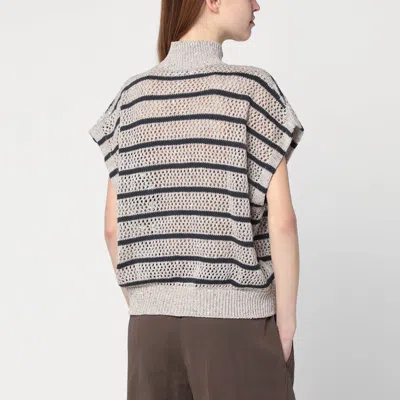 Brunello Cucinelli Beige Cardigan With High Neck And All-over Striped Motif In Beige