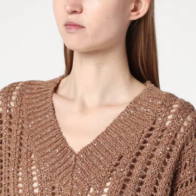 Brunello Cucinelli Dazzling Silk And Linen Openwork Rib Sweater In Beige
