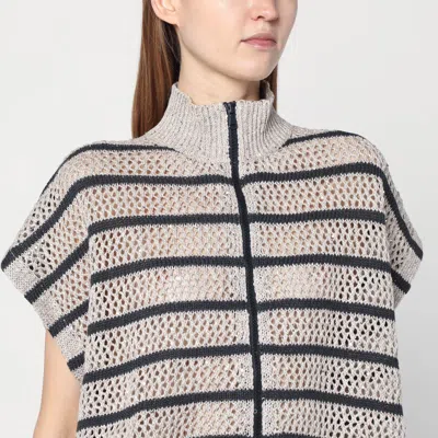 Brunello Cucinelli Beige Cardigan With High Neck And All-over Striped Motif In Beige