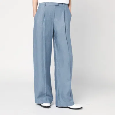 Brunello Cucinelli Wide Avio-colored Trousers In Linen Blend In Light Blue