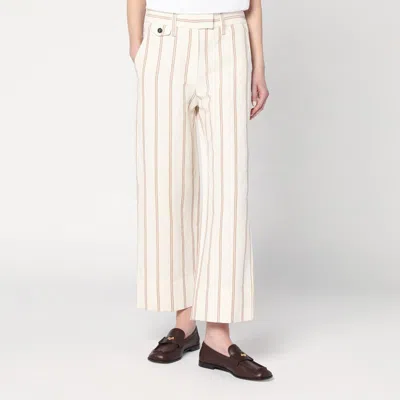 Brunello Cucinelli Multicolor Crop Pants With All-over Striped Motif And Monile Detail In Linen And Cotton Blend Woman In Beige