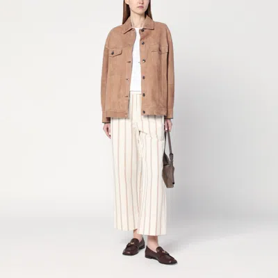Brunello Cucinelli Multicolor Crop Pants With All-over Striped Motif And Monile Detail In Linen And Cotton Blend Woman In Beige