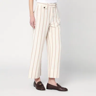 Brunello Cucinelli Multicolor Crop Pants With All-over Striped Motif And Monile Detail In Linen And Cotton Blend Woman In Beige