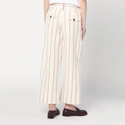 Brunello Cucinelli Multicolor Crop Pants With All-over Striped Motif And Monile Detail In Linen And Cotton Blend Woman In Beige