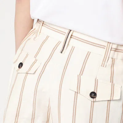 Brunello Cucinelli Multicolor Crop Pants With All-over Striped Motif And Monile Detail In Linen And Cotton Blend Woman In Beige