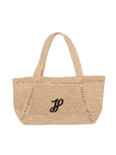 Patou Structured Raffia Tote Bag With Intricate Detailing In Brown