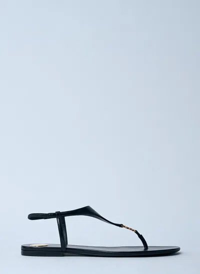 Saint Laurent Smooth Leather Cassandra Triangular Upper Flat Sandals Shoes In Black