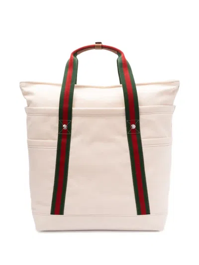 Gucci Men Canvas Shopping Bag With Web Details In White