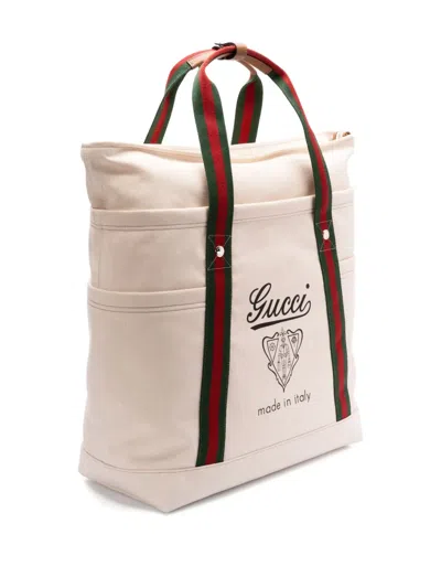Gucci Men Canvas Shopping Bag With Web Details In White