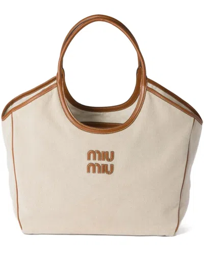 Miu Miu Large Canvas-leather Ivy Tote Bag In Neutrals