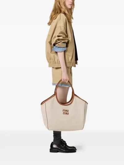 Miu Miu Large Canvas-leather Ivy Tote Bag In Neutrals