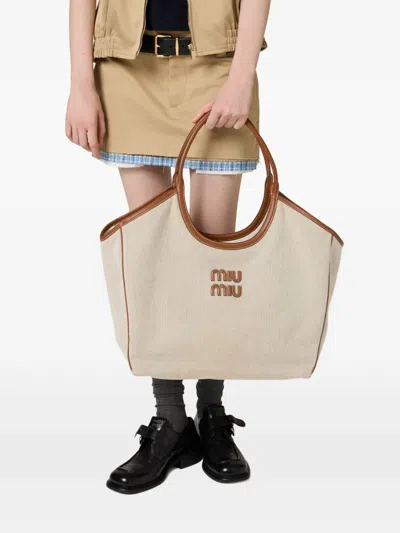 Miu Miu Large Canvas-leather Ivy Tote Bag In Neutrals