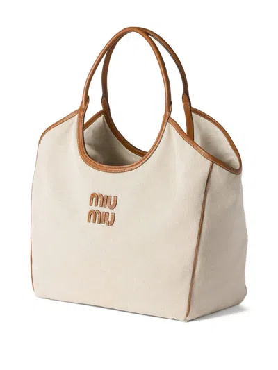 Miu Miu Large Canvas-leather Ivy Tote Bag In Neutrals