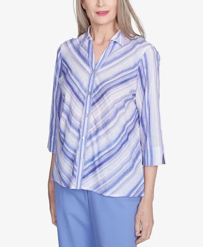 Alfred Dunner Petite Mitered Iris Stripe Button Down Top In Iris