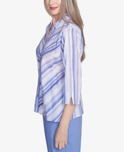 Alfred Dunner Petite Mitered Iris Stripe Button Down Top In Iris