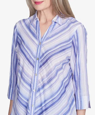 Alfred Dunner Petite Mitered Iris Stripe Button Down Top In Iris