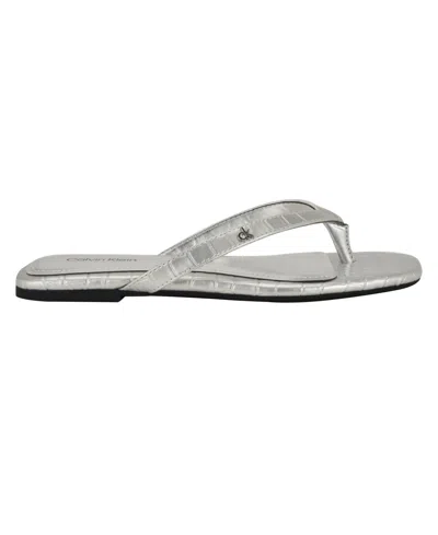 Calvin Klein Women's Stelea Flat Thong Sandals In Silver Croco