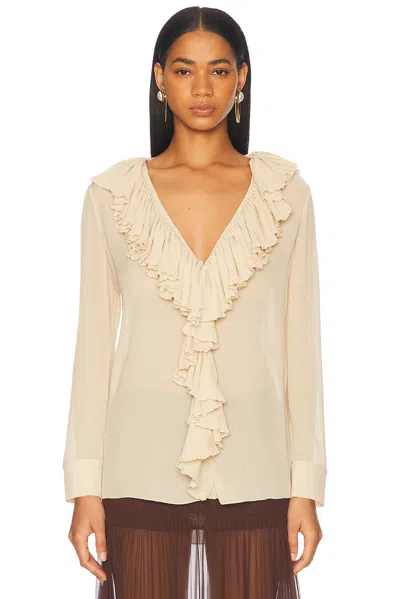 Saint Laurent Beige Ruffled Blouse In Silk In Gold