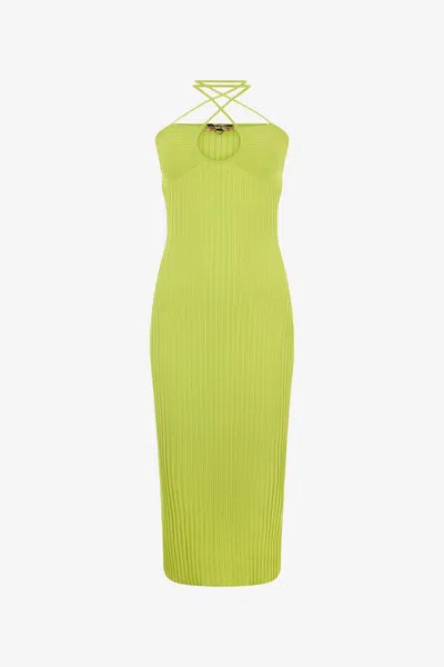 Roberto Cavalli Ribbed Midi Dress In Light Green