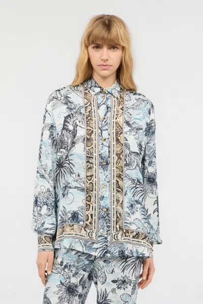 Roberto Cavalli Shirt With Jungle And Python Print In Light Blue