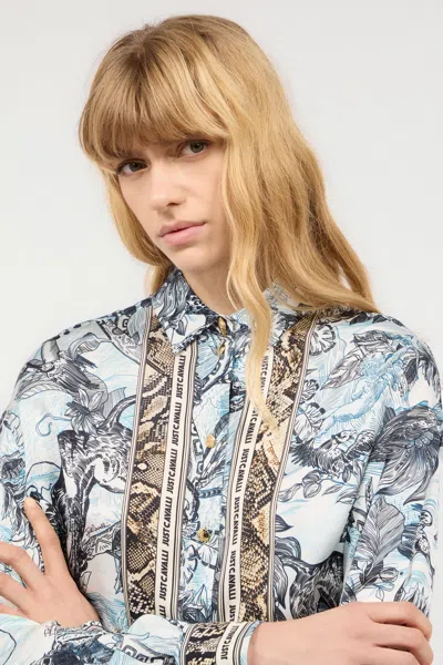 Roberto Cavalli Shirt With Jungle And Python Print In Light Blue