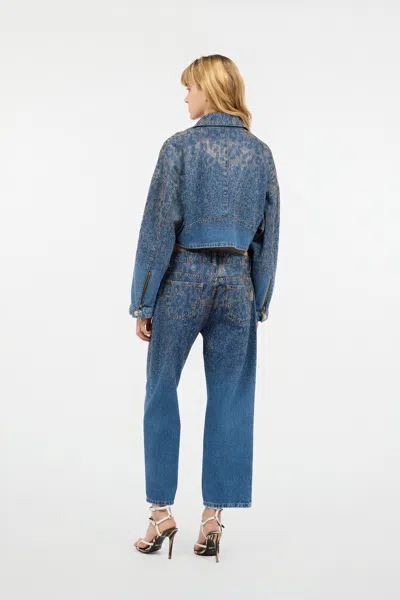 Roberto Cavalli Cropped Denim Jacket With Rhinestones In Light Blue