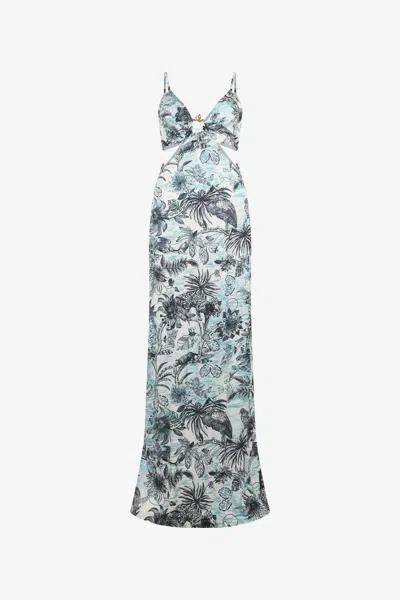 Roberto Cavalli Long Jungle Print Dress In Light Blue