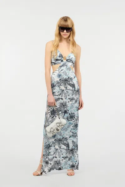 Roberto Cavalli Long Jungle Print Dress In Light Blue
