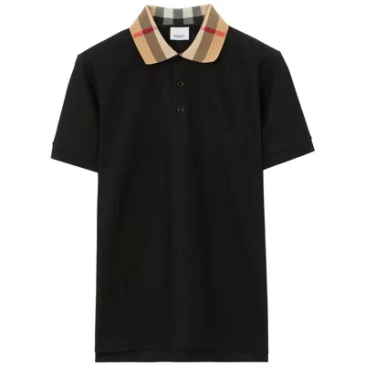 Burberry Men Check Collar Cotton Polo Shirt In Blue