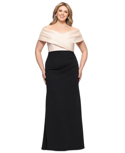 Betsy & Adam Plus "yasmeen" Long Off The Shoulder Scuba Crepe Gown In Champagne,black
