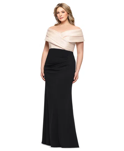 Betsy & Adam Plus "yasmeen" Long Off The Shoulder Scuba Crepe Gown In Champagne,black