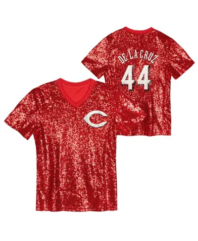 Outerstuff Juniors Elly De La Cruz Red Cincinnati Reds Name Number Sequin V-neck Top In Red