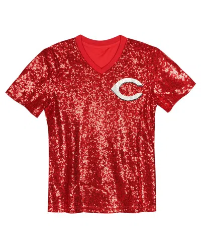 Outerstuff Juniors Elly De La Cruz Red Cincinnati Reds Name Number Sequin V-neck Top In Red