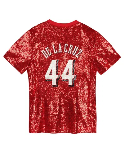 Outerstuff Juniors Elly De La Cruz Red Cincinnati Reds Name Number Sequin V-neck Top In Red