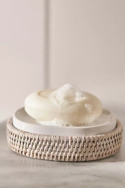 Anthropologie Handwoven Rattan Oval Soap Dish With Ceramic Insert In White