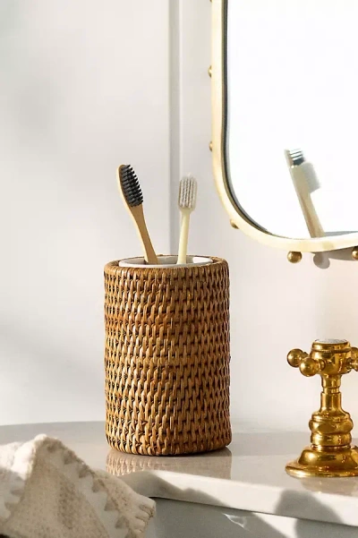 Anthropologie Handwoven Rattan Round Tumbler With Ceramic Insert