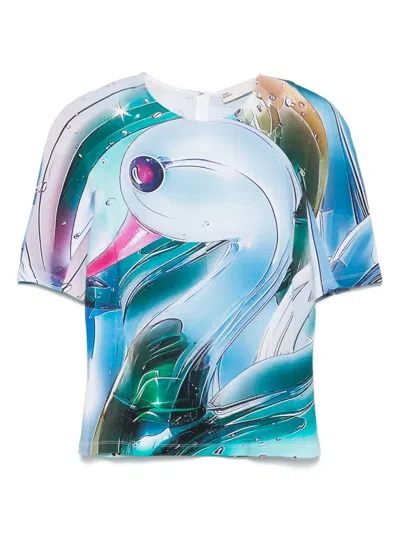 Tory Burch Shoulder Reinforcement Abstract Print Crew Neck Top In Blue