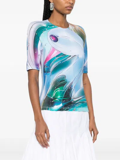 Tory Burch Shoulder Reinforcement Abstract Print Crew Neck Top In Blue