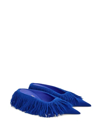 Ferragamo Fabric Mules With Fringe Detailing And Pointed Toe In Blue