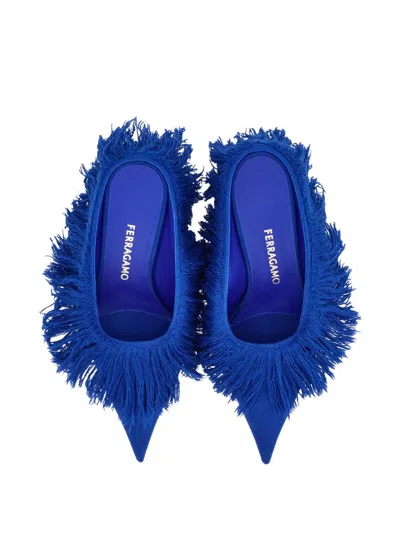 Ferragamo Fabric Mules With Fringe Detailing And Pointed Toe In Blue