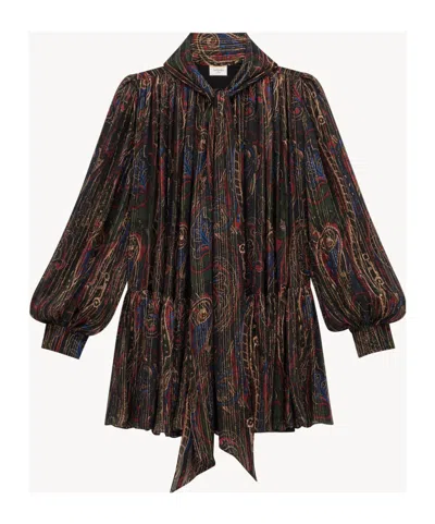 Saint Laurent Bow Detail Semi-sheer Dress In Silver