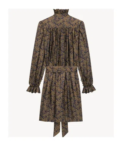 Saint Laurent Paisley Pattern Silk Twill Dress Dresses Brown In Brown