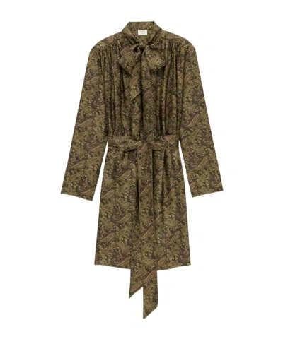 Saint Laurent Pussy-bow Belted Paisley-print Silk-twill Mini Dress In Green