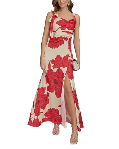 Donna Karan Satin Floral Draped Neck Gown In Sahar Rd Multi