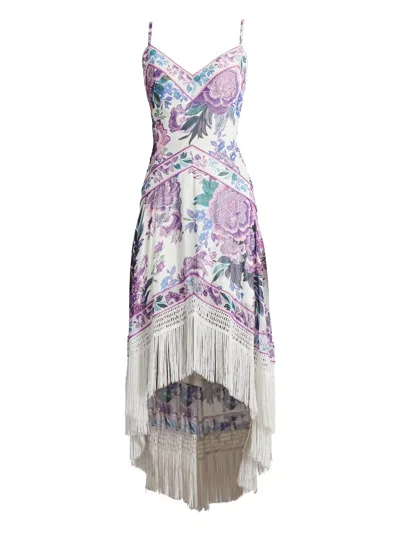 Tadashi Shoji Lua Floral Print Tassel Fringe Slip Dress In White Purple Floral